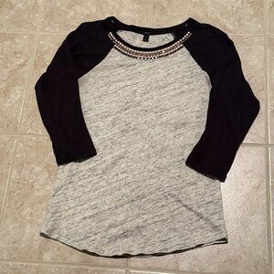 JCrew | Cotton Baseball T-shirt Jeweled Collar | Black/Gray/Pink | Size M